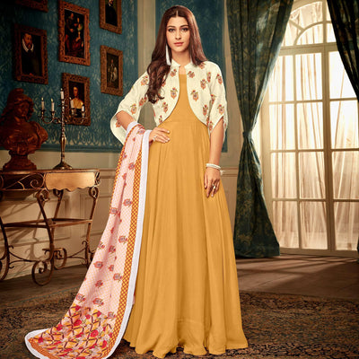 Majesty Mustard Yellow Colored Partywear Embroidered Heavy Muslin Gown