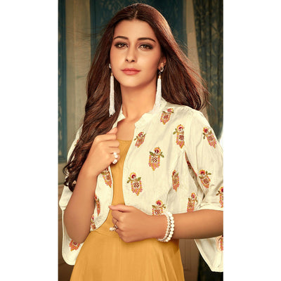 Majesty Mustard Yellow Colored Partywear Embroidered Heavy Muslin Gown