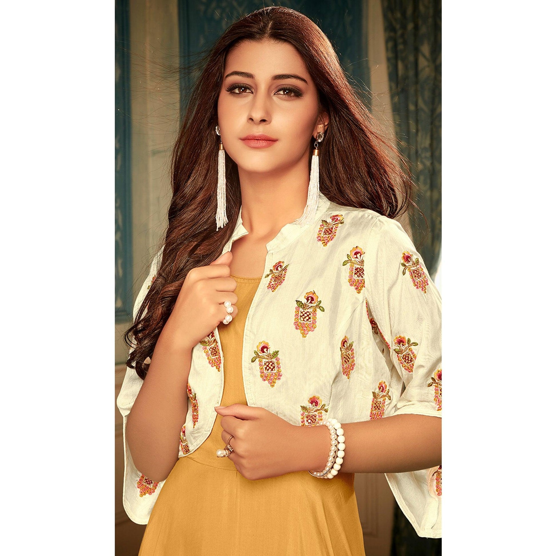 Majesty Mustard Yellow Colored Partywear Embroidered Heavy Muslin Gown