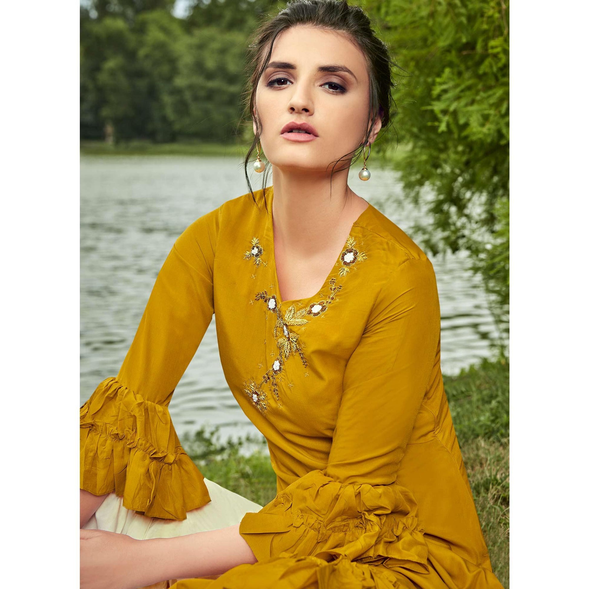 Majesty Mustard Yellow Colored Partywear Hand Embroidered Muslin Silk Kurti-Palazzo Set
