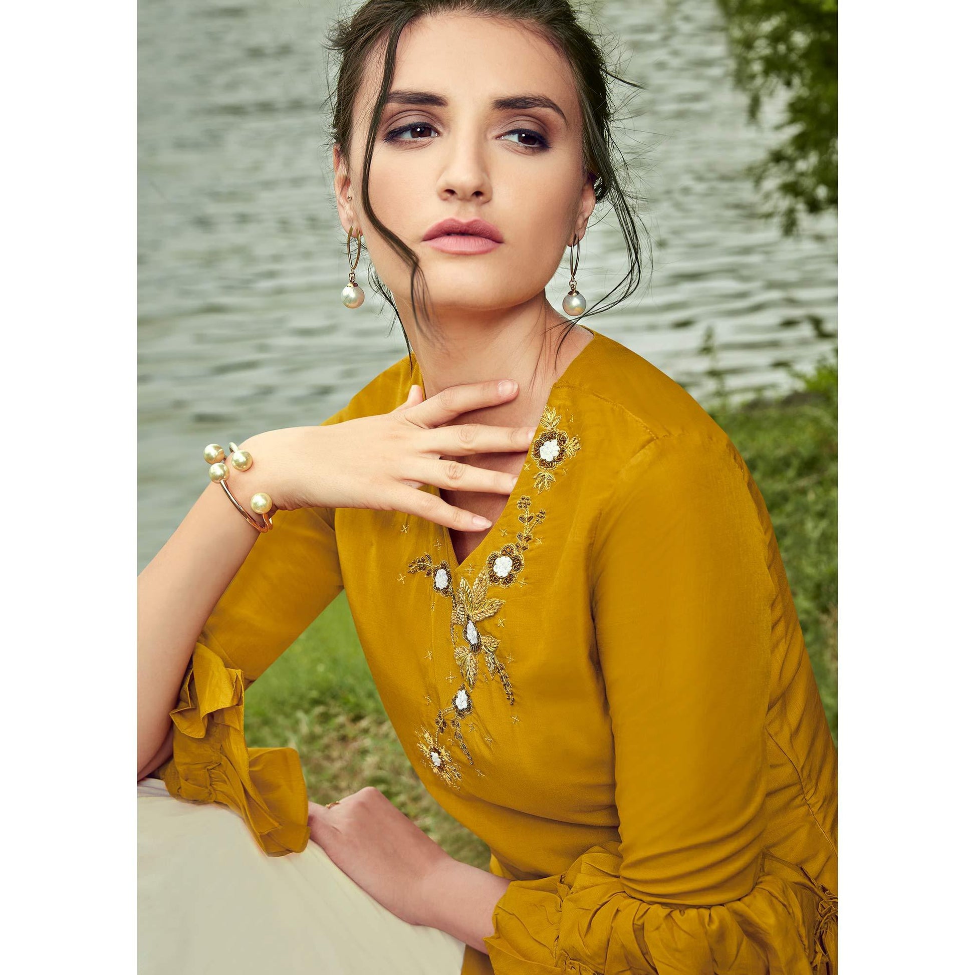 Majesty Mustard Yellow Colored Partywear Hand Embroidered Muslin Silk Kurti-Palazzo Set