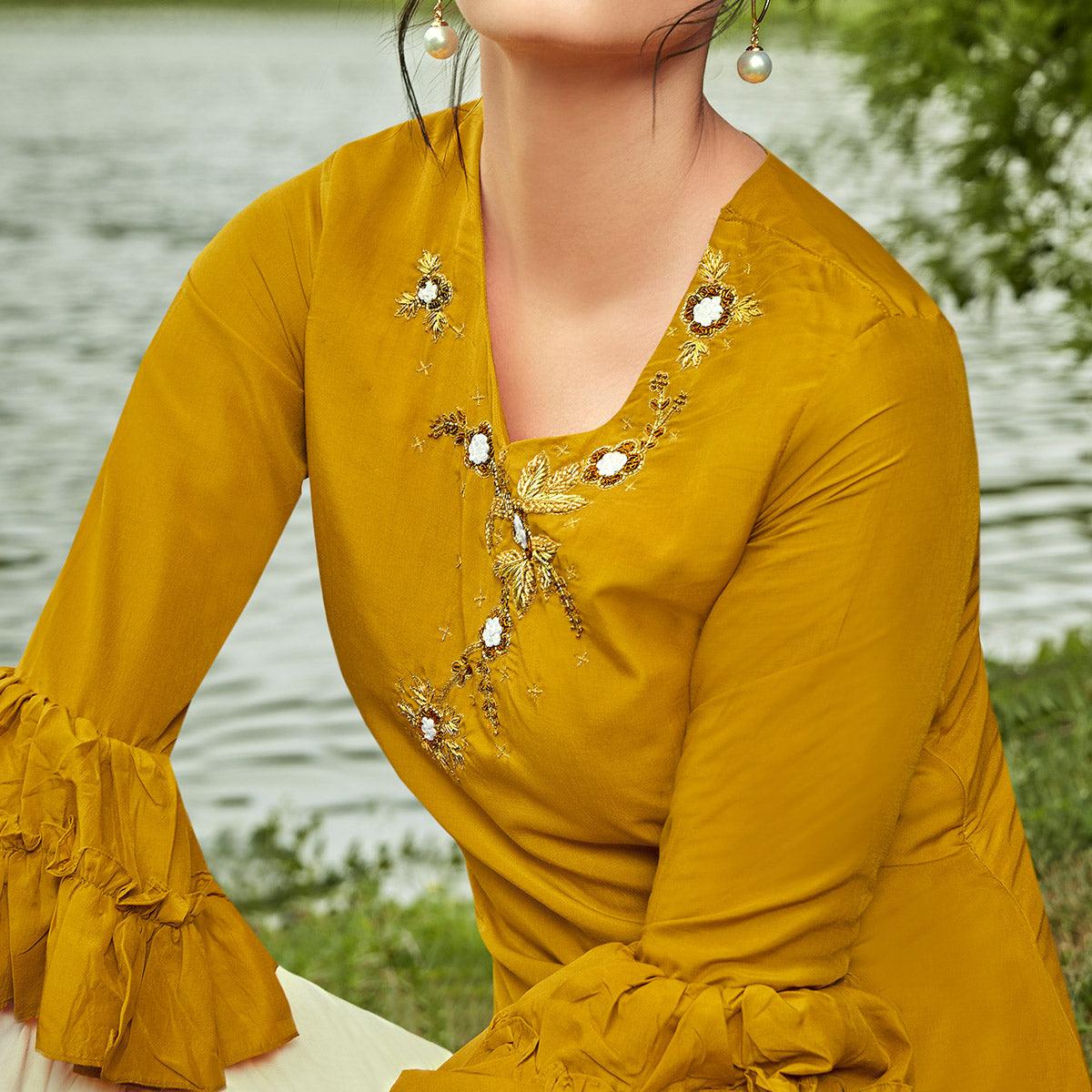 Majesty Mustard Yellow Colored Partywear Hand Embroidered Muslin Silk Kurti-Palazzo Set