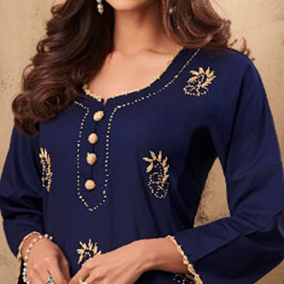 Majesty Navy Blue Colored Casual Wear Embroidered Rayon Kurti Palazzo Set