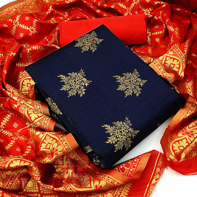 Majesty Navy Blue Colored Casual Wear Woven Banarasi Silk Dress Material