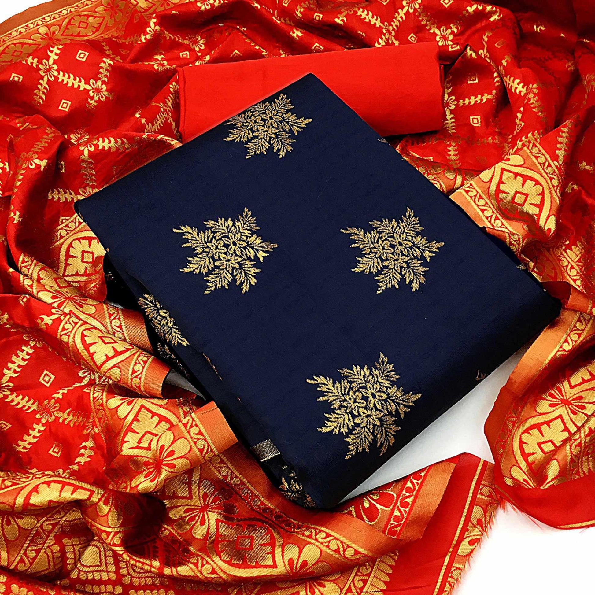 Majesty Navy Blue Colored Casual Wear Woven Banarasi Silk Dress Material