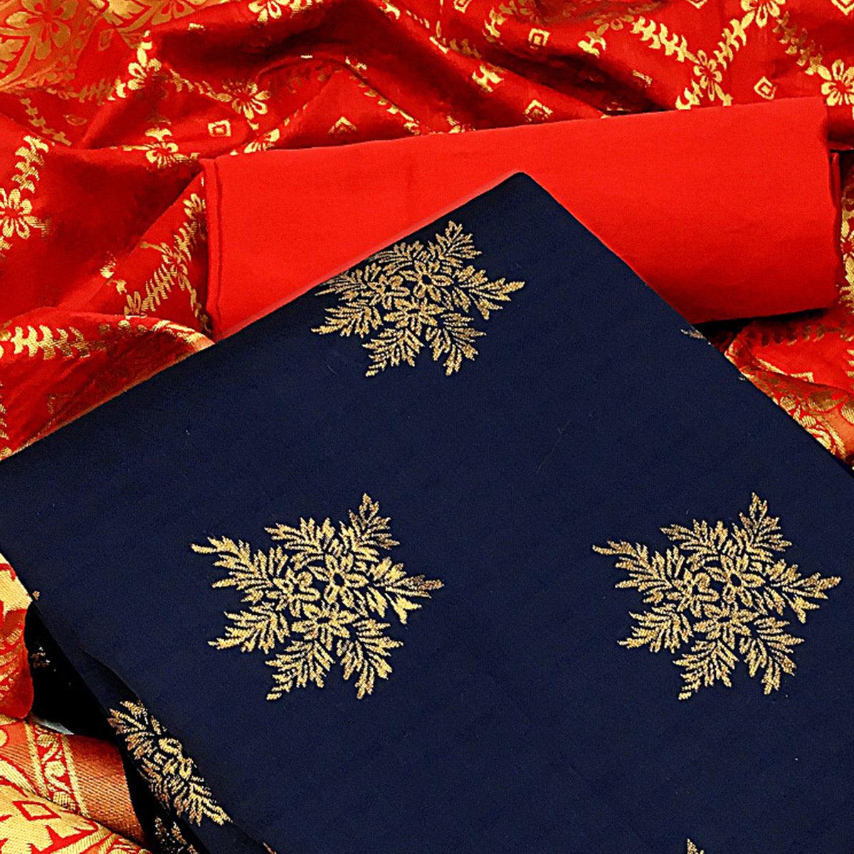 Majesty Navy Blue Colored Casual Wear Woven Banarasi Silk Dress Material