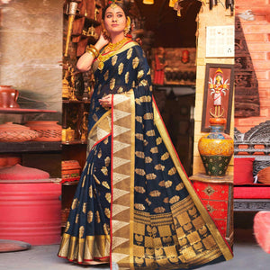 Majesty Navy Blue Colored Festive Wear Woven Cotton Handloom Saree