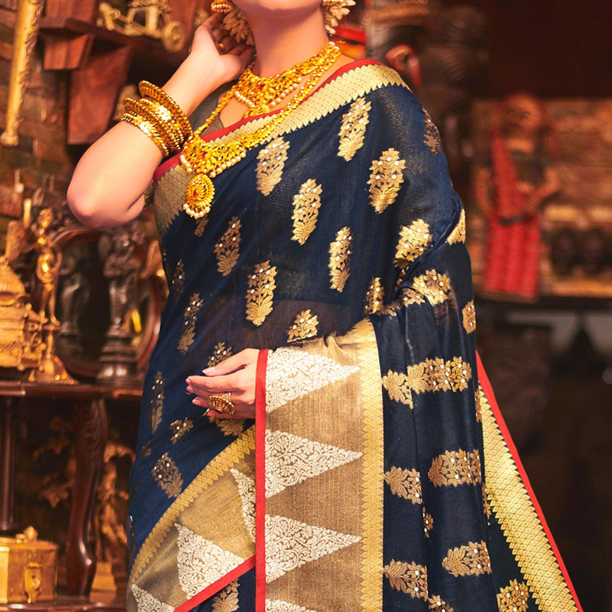 Majesty Navy Blue Colored Festive Wear Woven Cotton Handloom Saree
