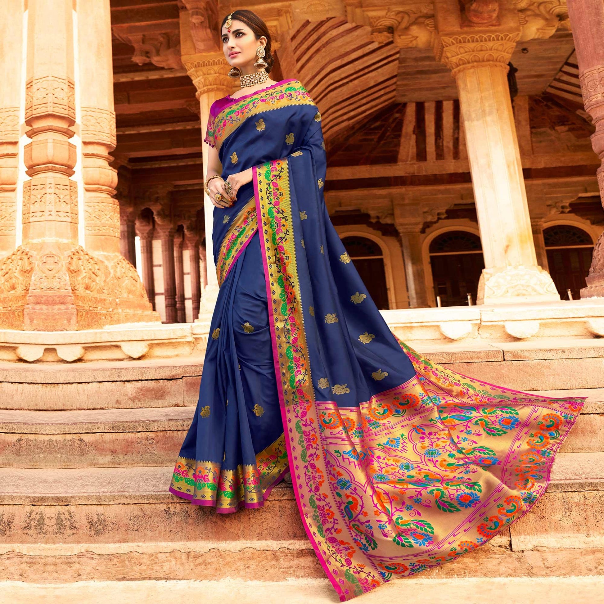Majesty Navy Blue Colored Festive Wear Woven Paithani Silk Saree