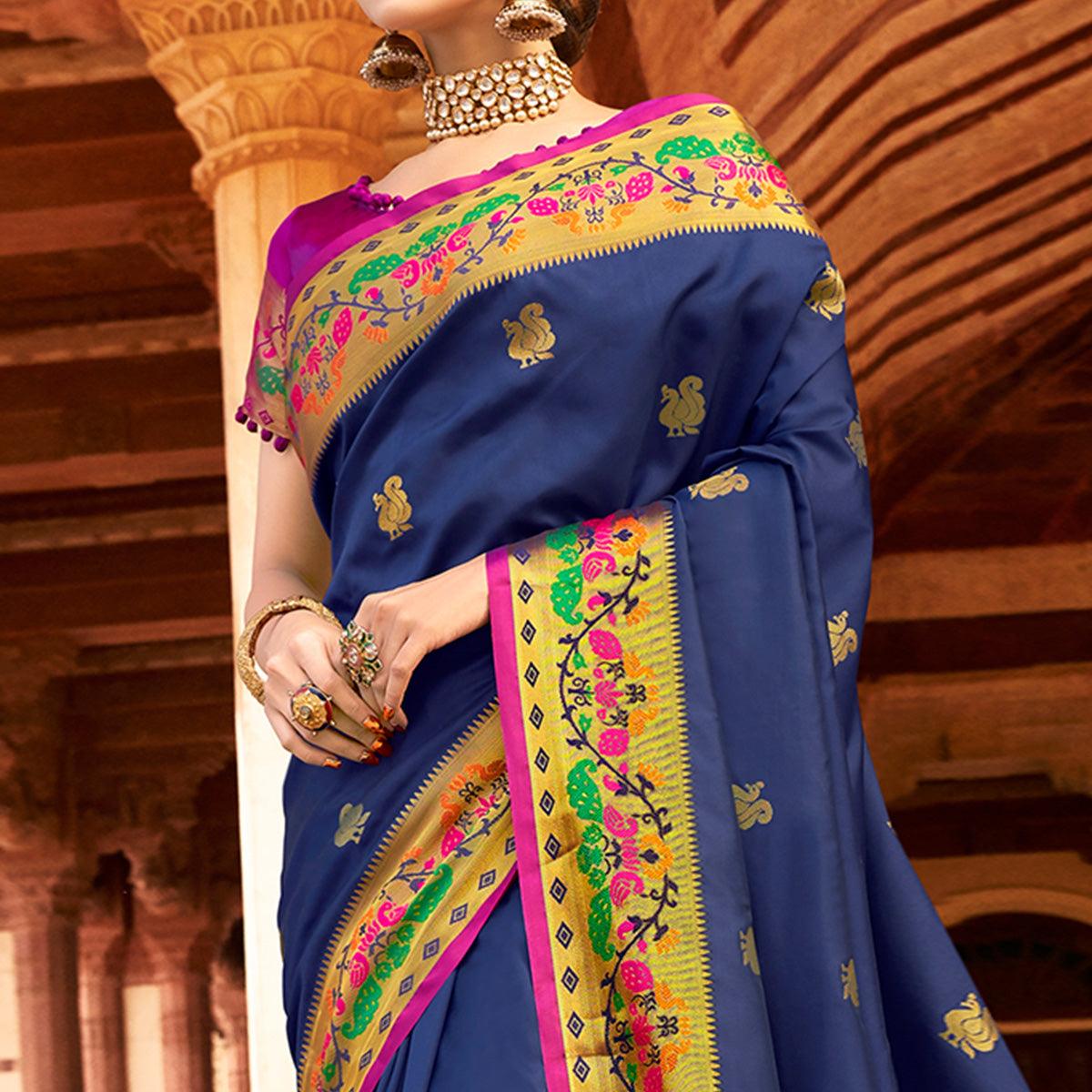 Majesty Navy Blue Colored Festive Wear Woven Paithani Silk Saree