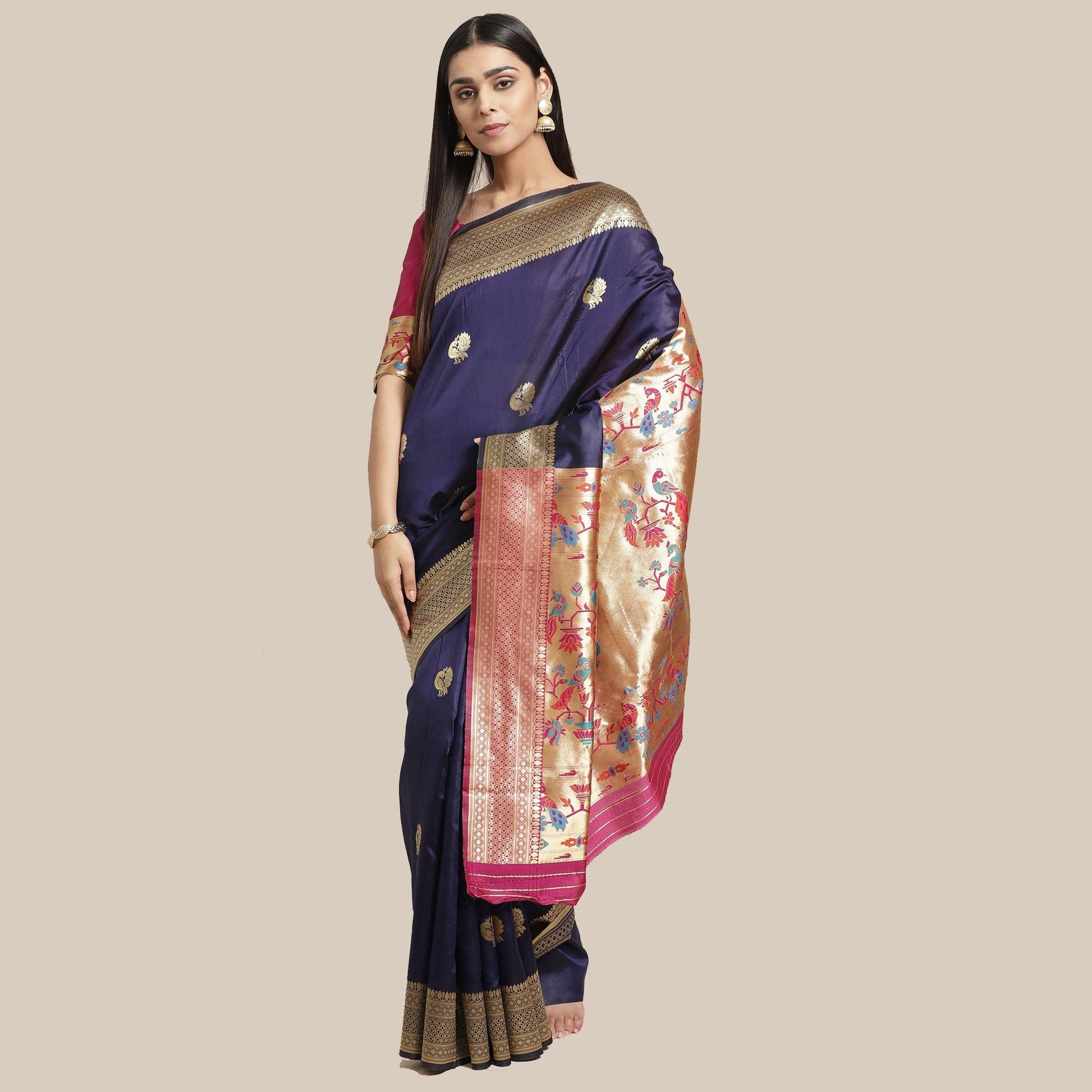 Majesty Navy Blue Colored Festive Wear Woven Silk Blend Saree