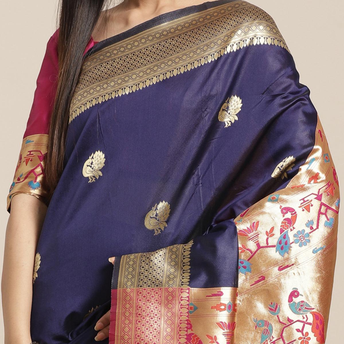 Majesty Navy Blue Colored Festive Wear Woven Silk Blend Saree