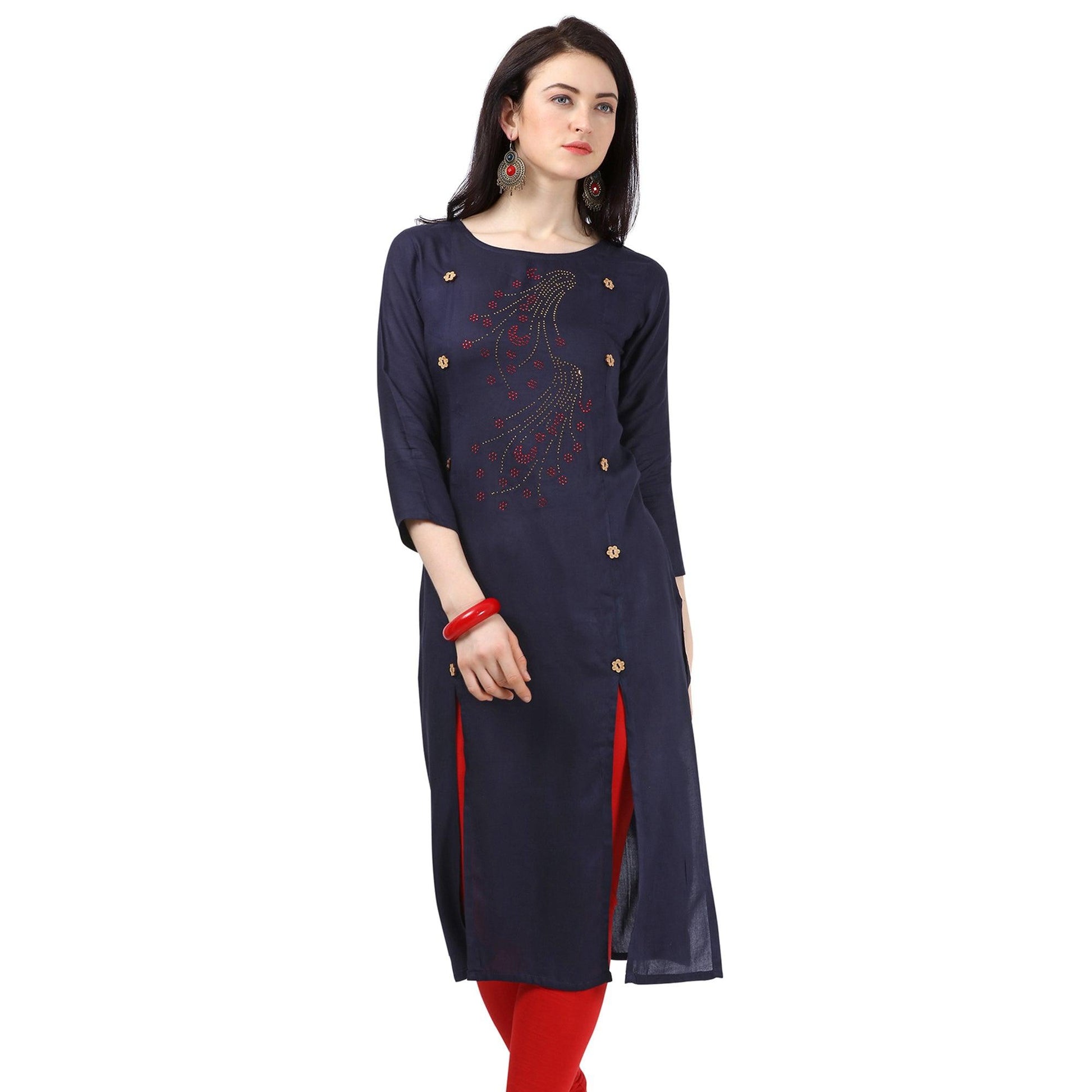 Majesty Navy Blue Colored Partywear Embellished Rayon Kurti