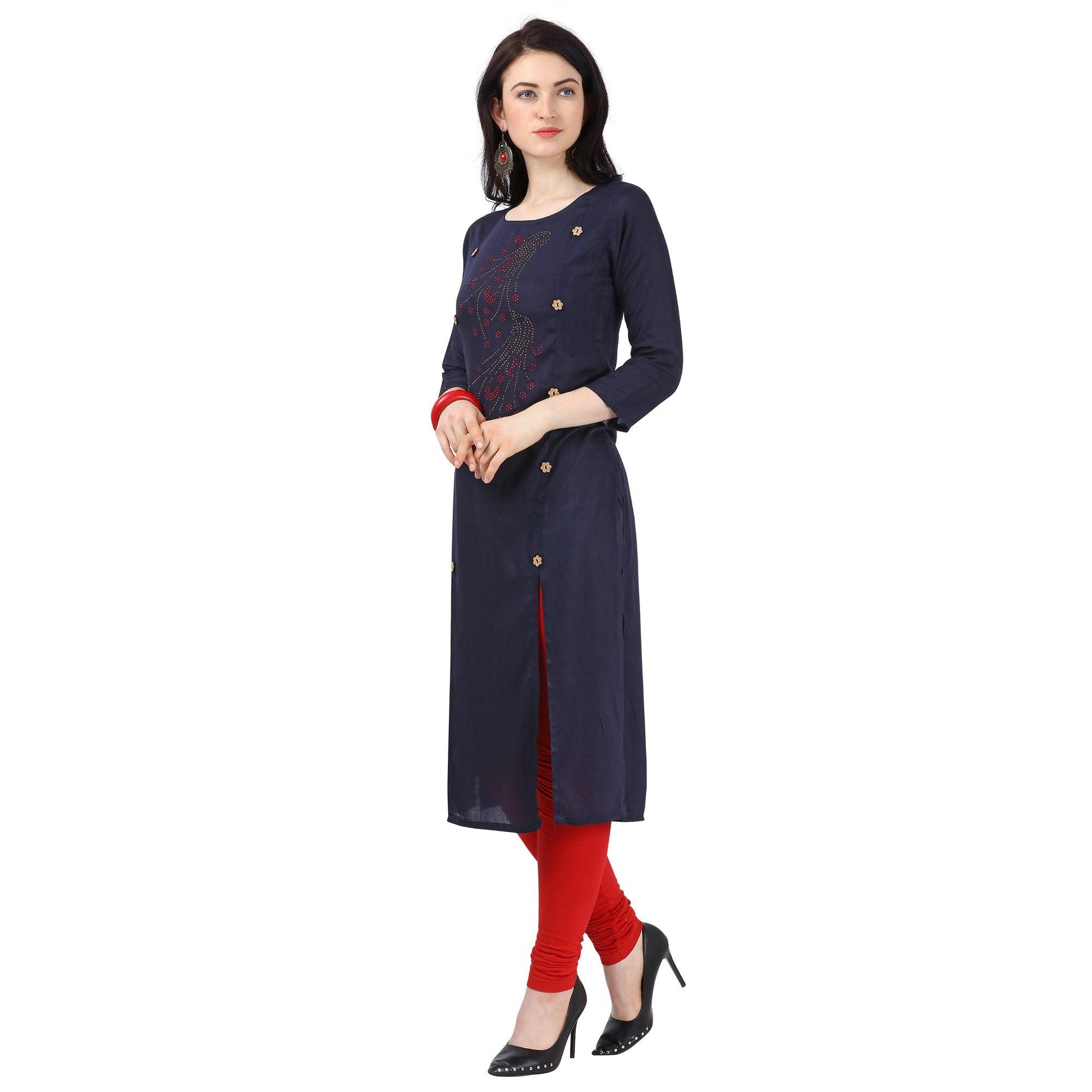 Majesty Navy Blue Colored Partywear Embellished Rayon Kurti