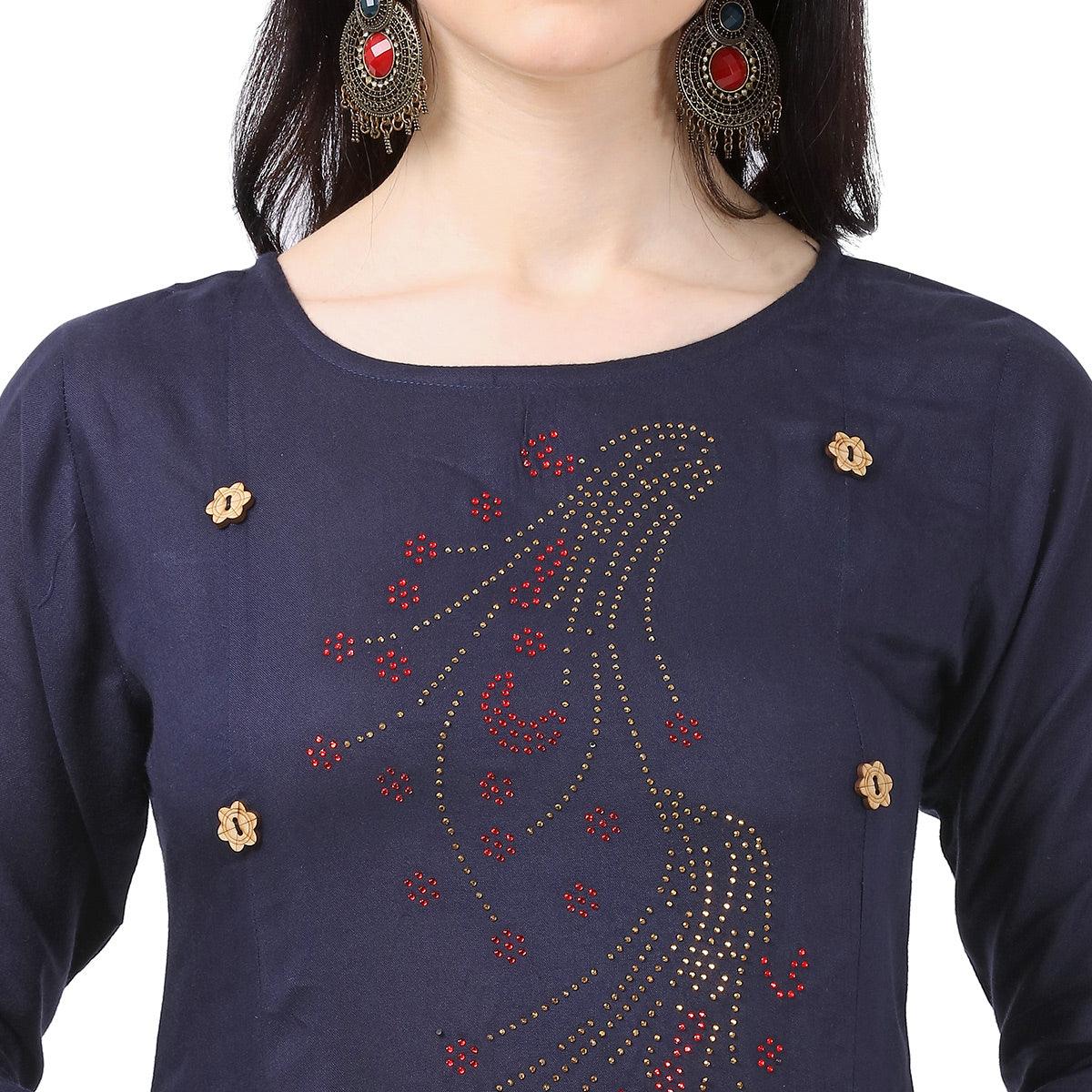 Majesty Navy Blue Colored Partywear Embellished Rayon Kurti