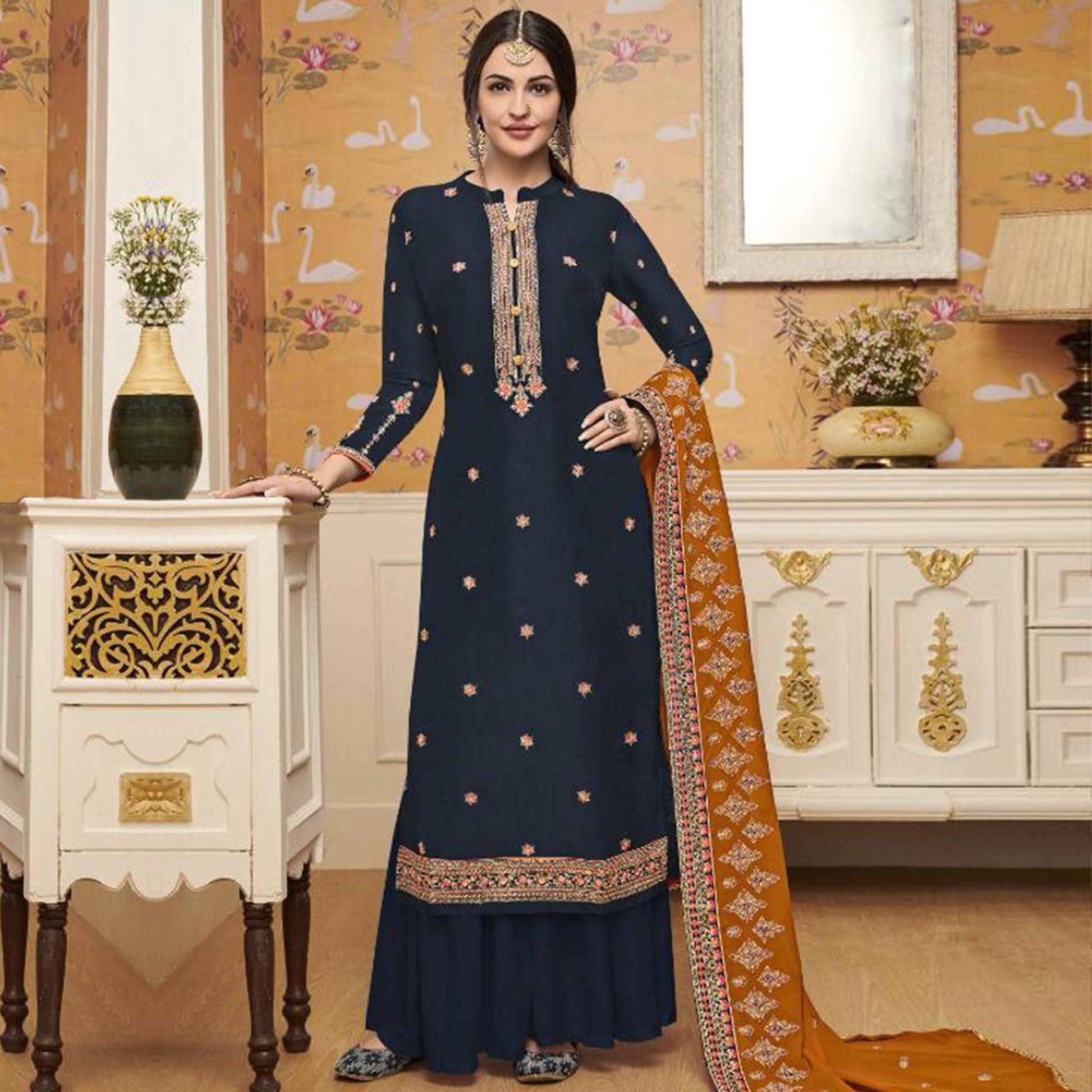 Majesty Navy Blue Colored Partywear Embroidered Crepe Palazzo Suit