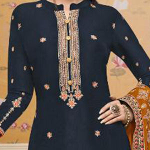 Majesty Navy Blue Colored Partywear Embroidered Crepe Palazzo Suit