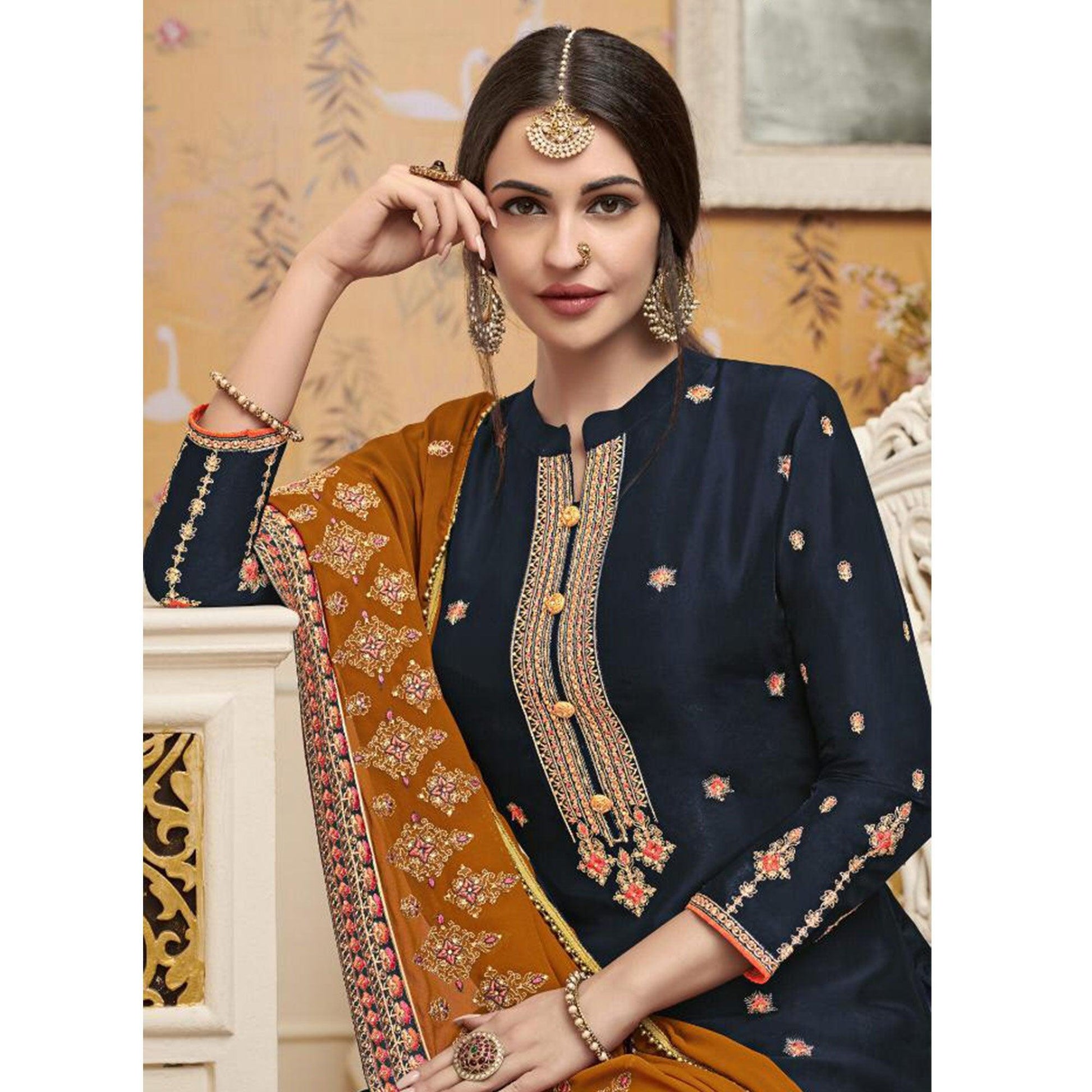 Majesty Navy Blue Colored Partywear Embroidered Crepe Palazzo Suit