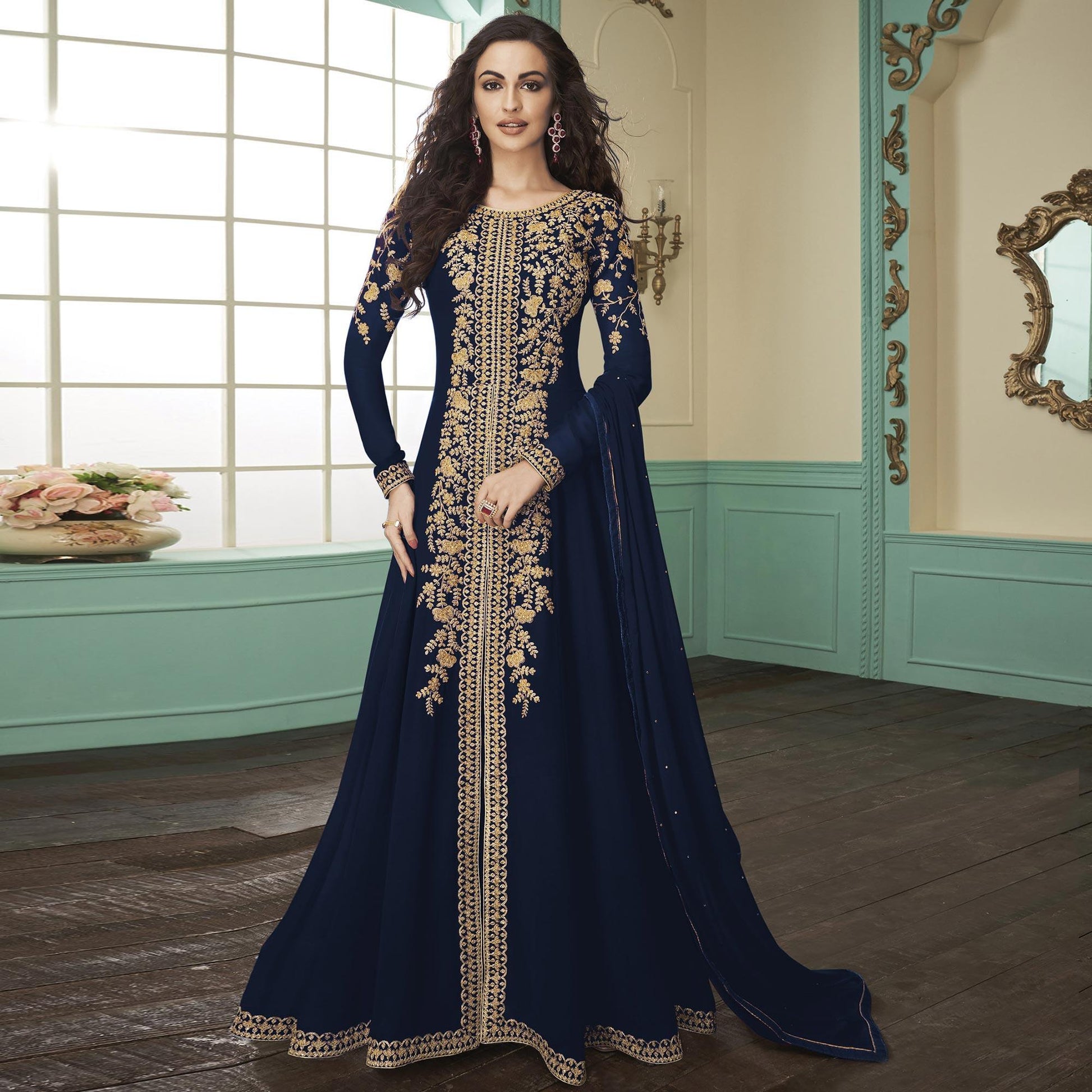 Majesty Navy Blue Colored Partywear Embroidered Georgette Anarkali Suit