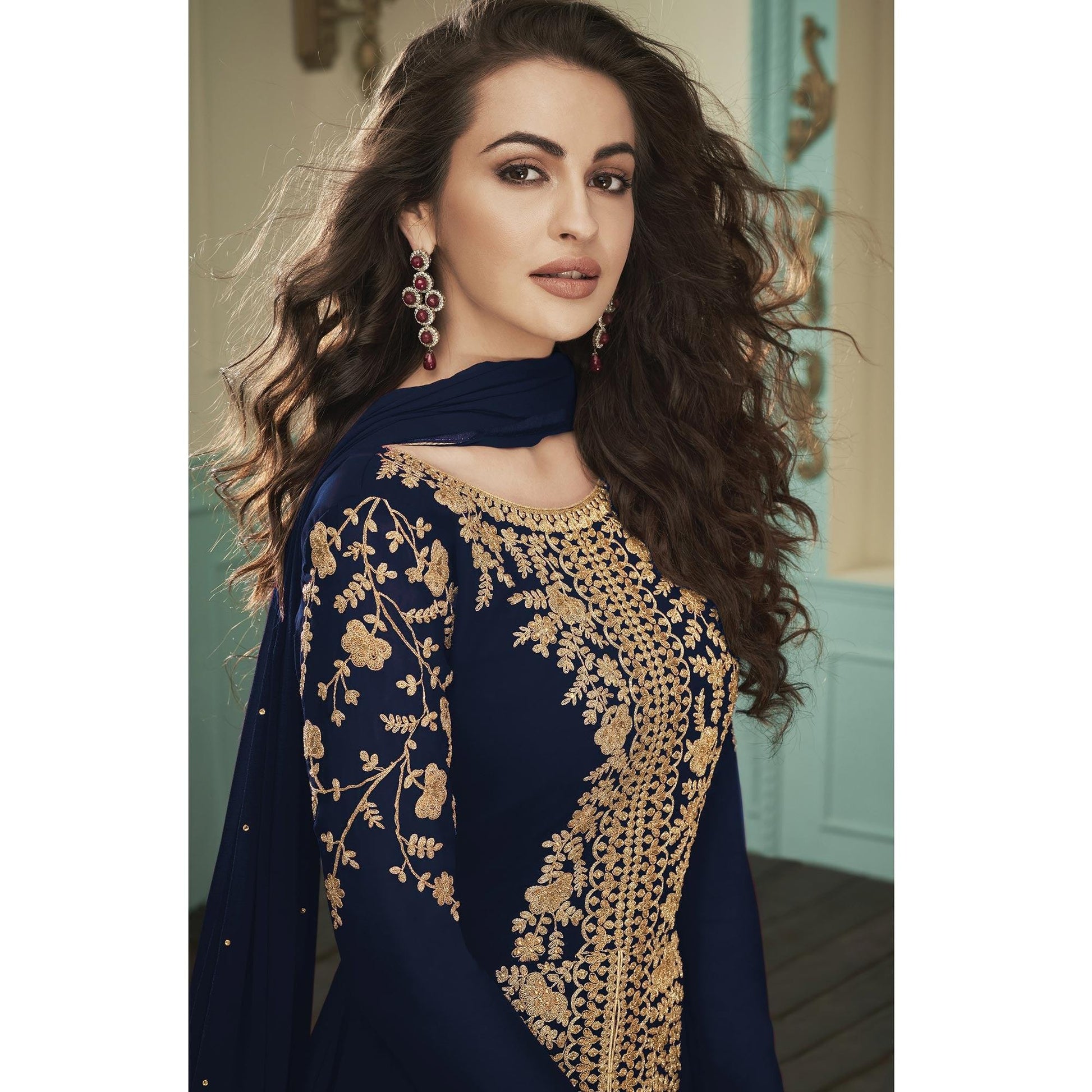 Majesty Navy Blue Colored Partywear Embroidered Georgette Anarkali Suit