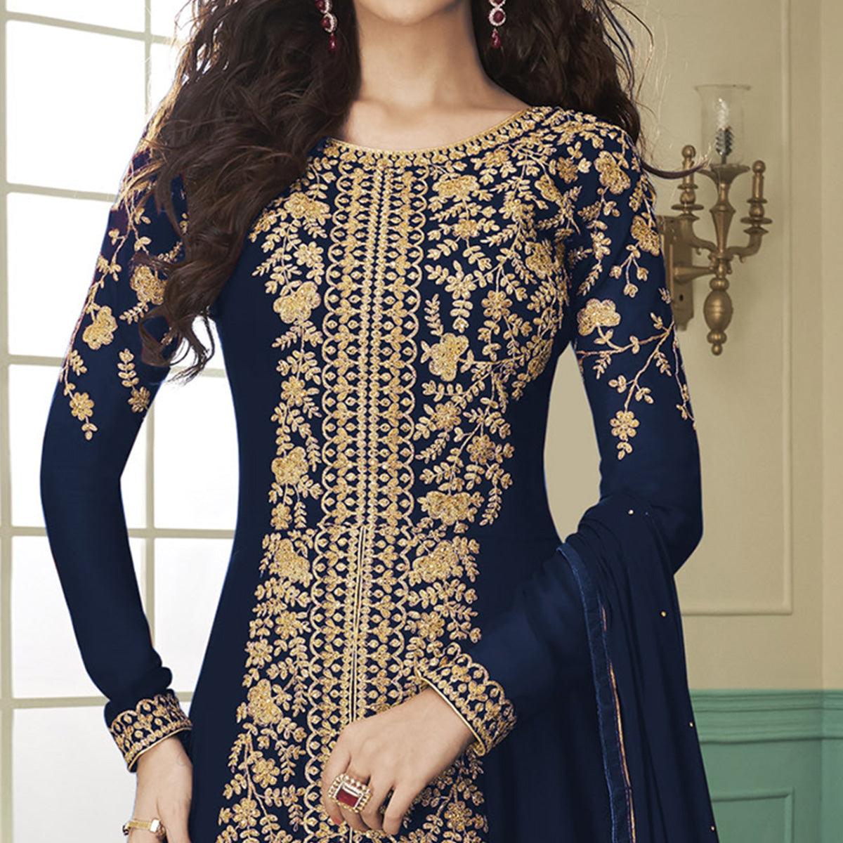 Majesty Navy Blue Colored Partywear Embroidered Georgette Anarkali Suit