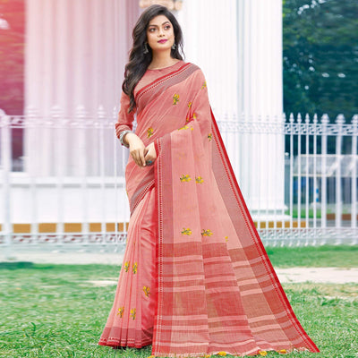 Majesty Peach Colored Casual Wear Printed Linen Cotton Saree