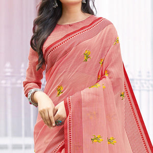 Majesty Peach Colored Casual Wear Printed Linen Cotton Saree