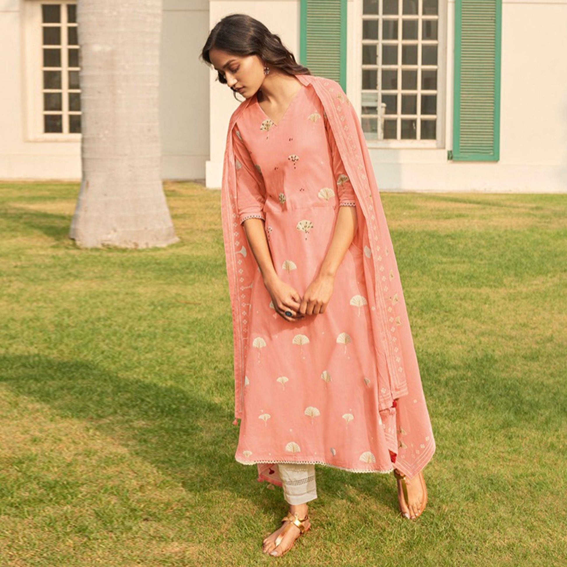 Majesty Peach Colored Casual Wear Printed Pure Cotton Suit