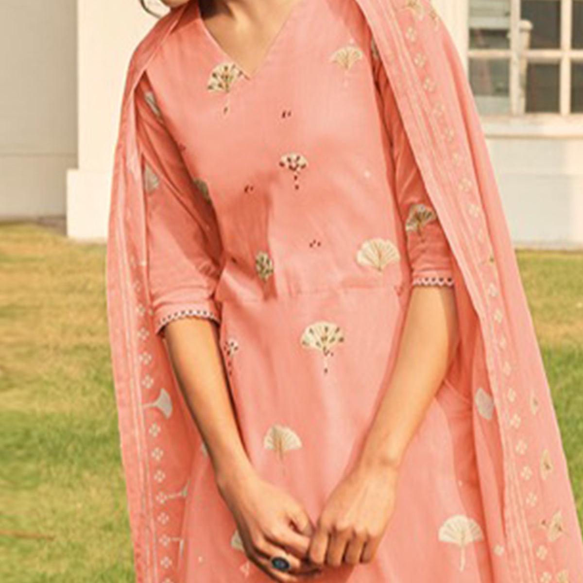 Majesty Peach Colored Casual Wear Printed Pure Cotton Suit