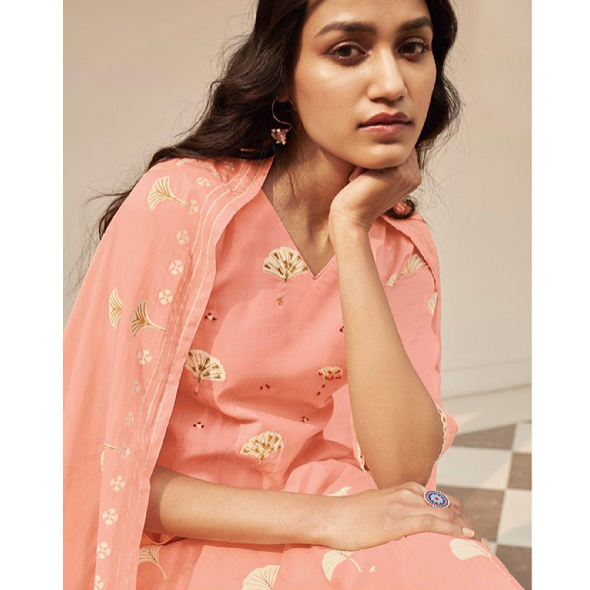 Majesty Peach Colored Casual Wear Printed Pure Cotton Suit
