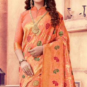 Majesty Peach Colored Festive Wear Woven Cotton Silk Saree
