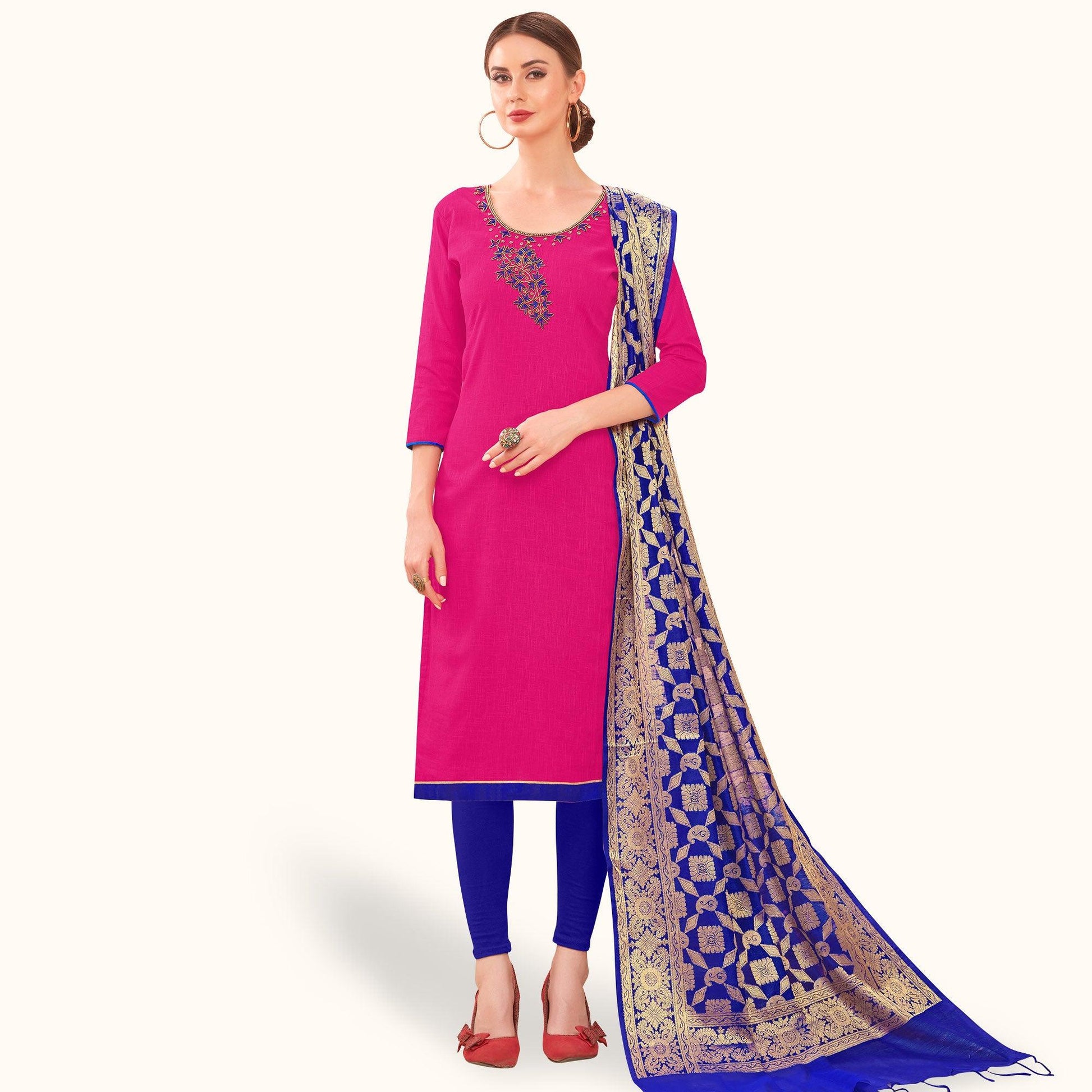 Majesty Pink Colored Casual Wear Embroidered Cotton Dress Material With Banarasi Silk Dupatta