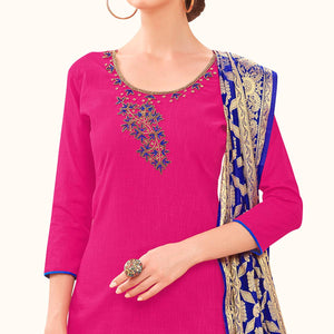 Majesty Pink Colored Casual Wear Embroidered Cotton Dress Material With Banarasi Silk Dupatta