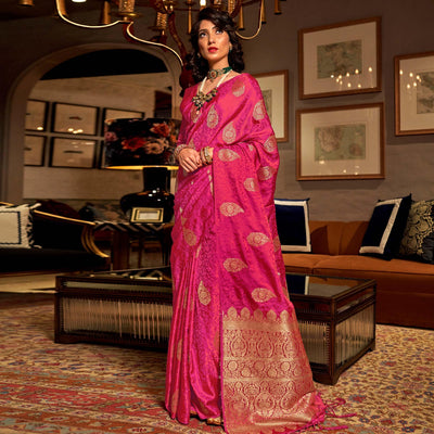 Majesty Pink Colored Festive Wear Weaving Pure Satin Saree