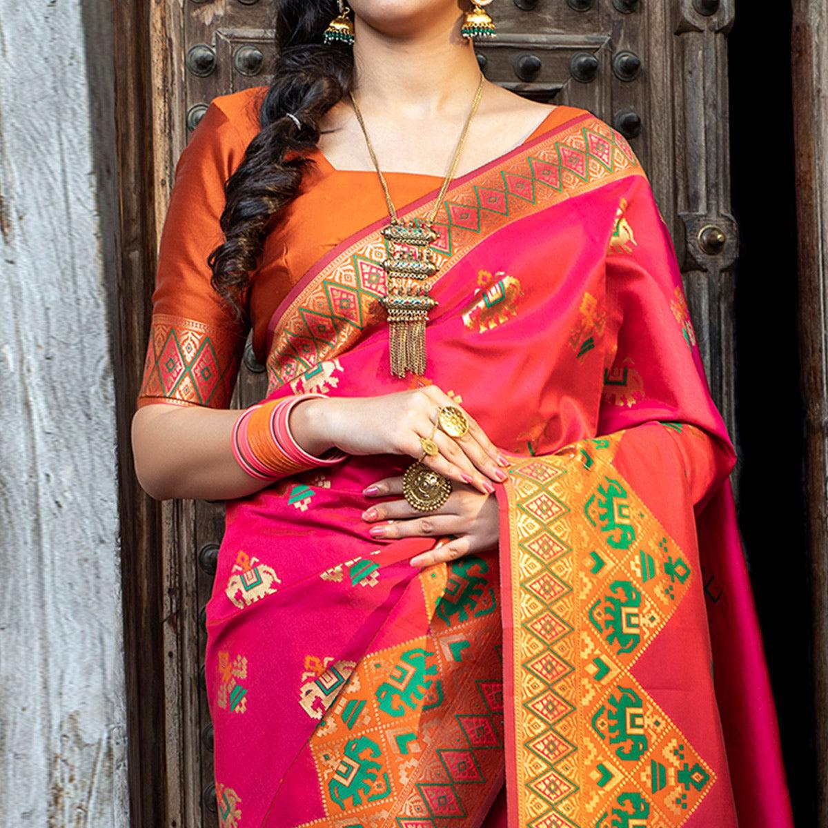 Majesty Pink Colored Festive Wear Woven Patola Silk Saree