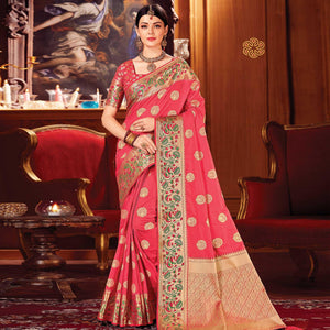 Majesty Pink Colored Festive Wear Woven Silk Saree