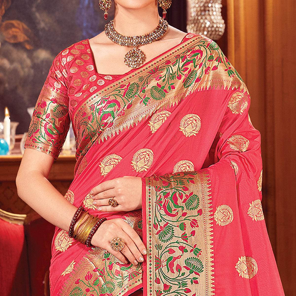 Majesty Pink Colored Festive Wear Woven Silk Saree