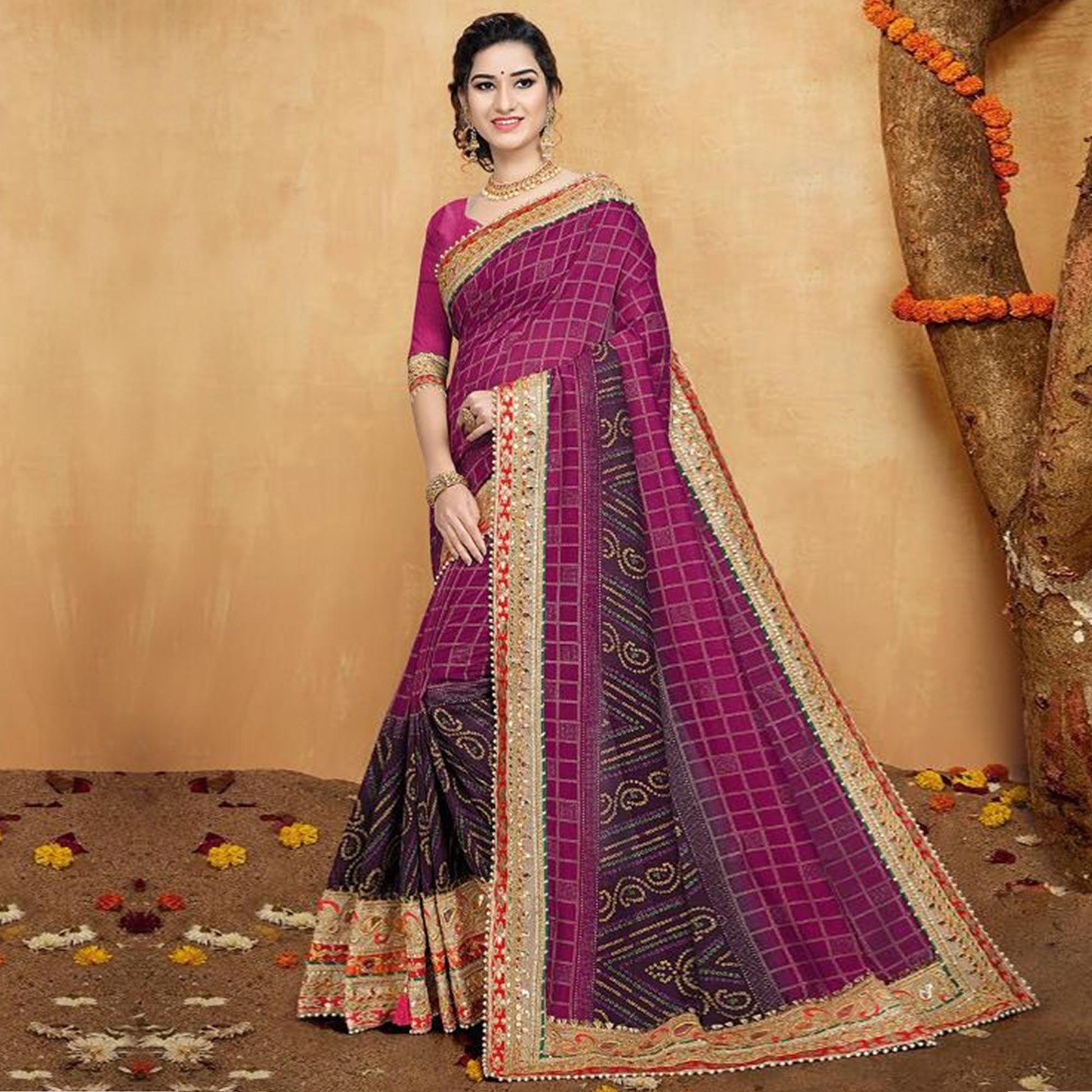 Majesty Pink Colored Festive Wear Zari Work Vichitra Silk Saree