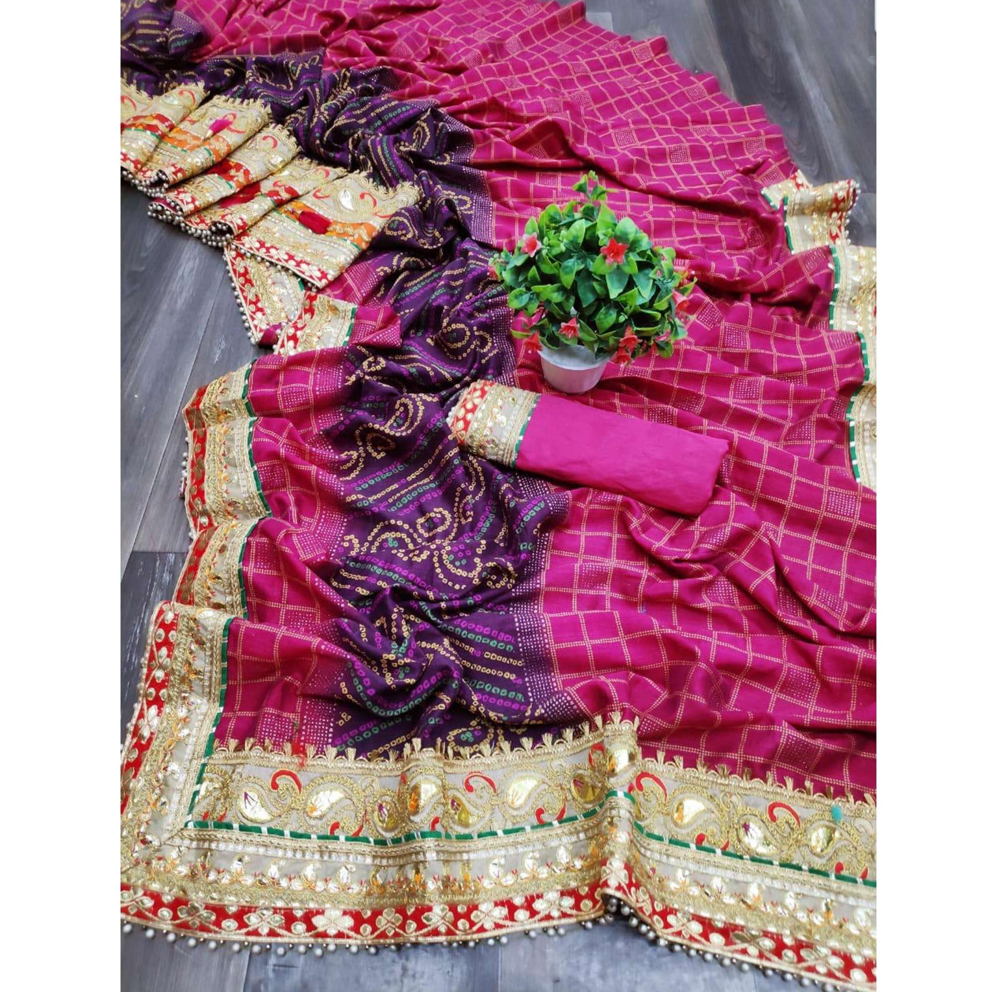 Majesty Pink Colored Festive Wear Zari Work Vichitra Silk Saree