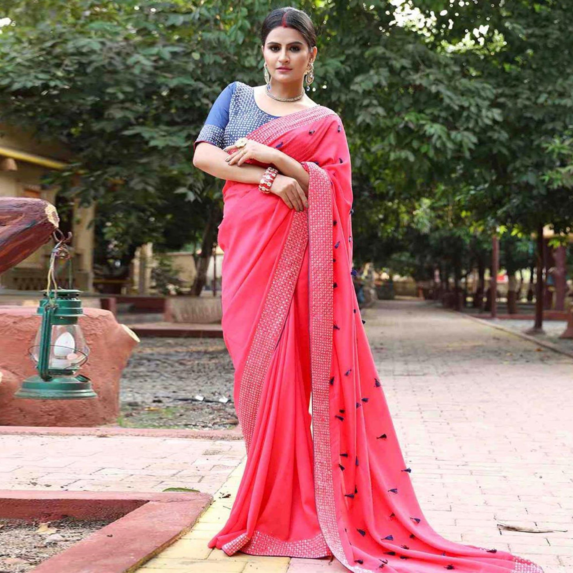 Majesty Pink Colored Partywear Diamond Work Art Silk Saree