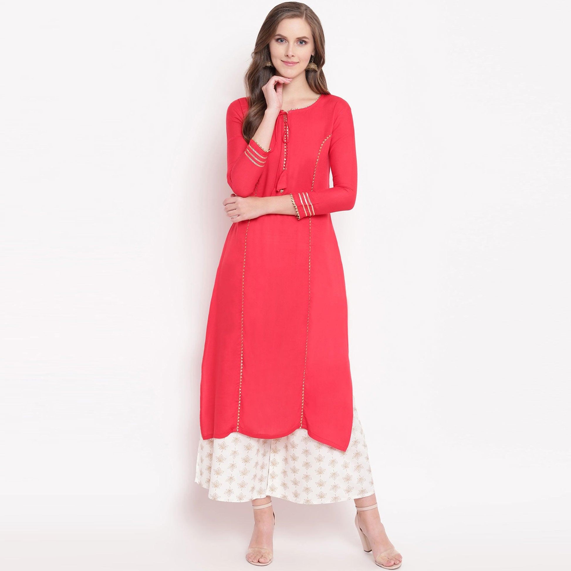 Majesty Pink-White Colored Casual Wear Rayon Kurti-Palazzo Set