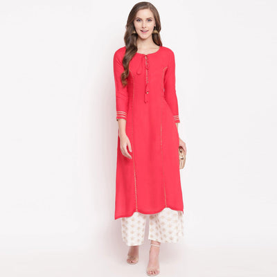 Majesty Pink-White Colored Casual Wear Rayon Kurti-Palazzo Set