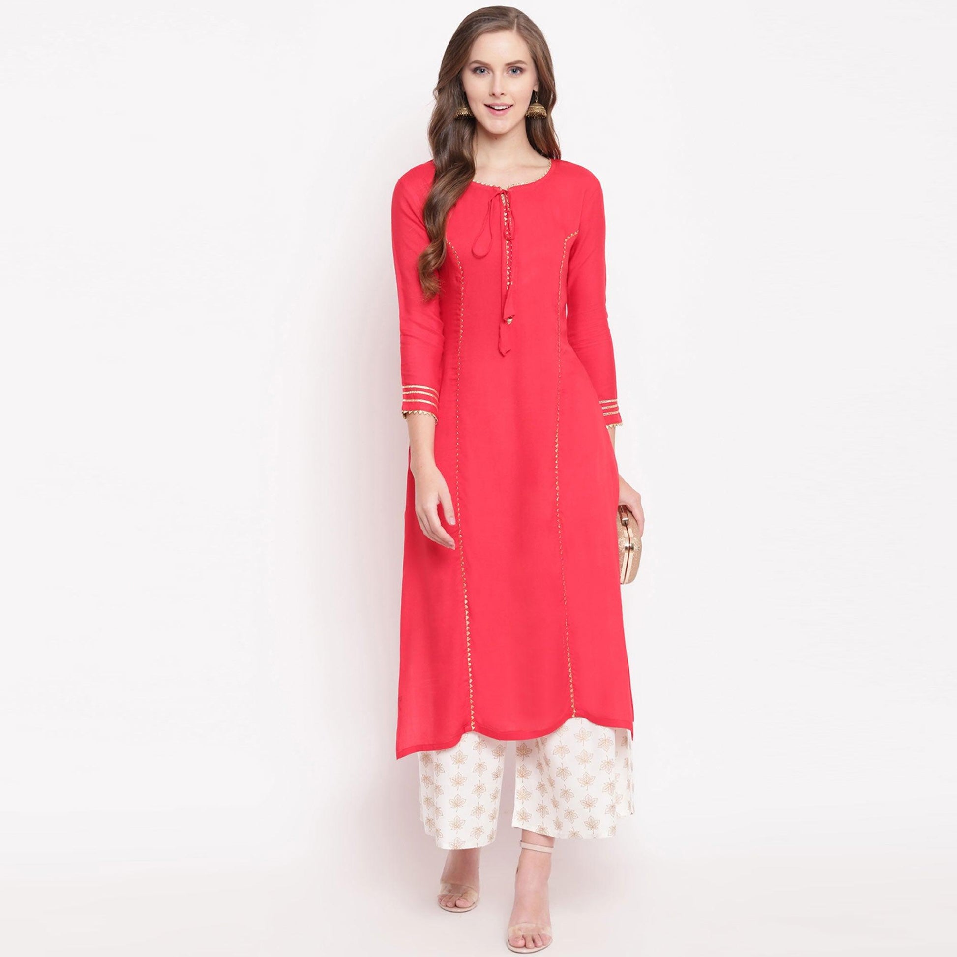 Majesty Pink-White Colored Casual Wear Rayon Kurti-Palazzo Set
