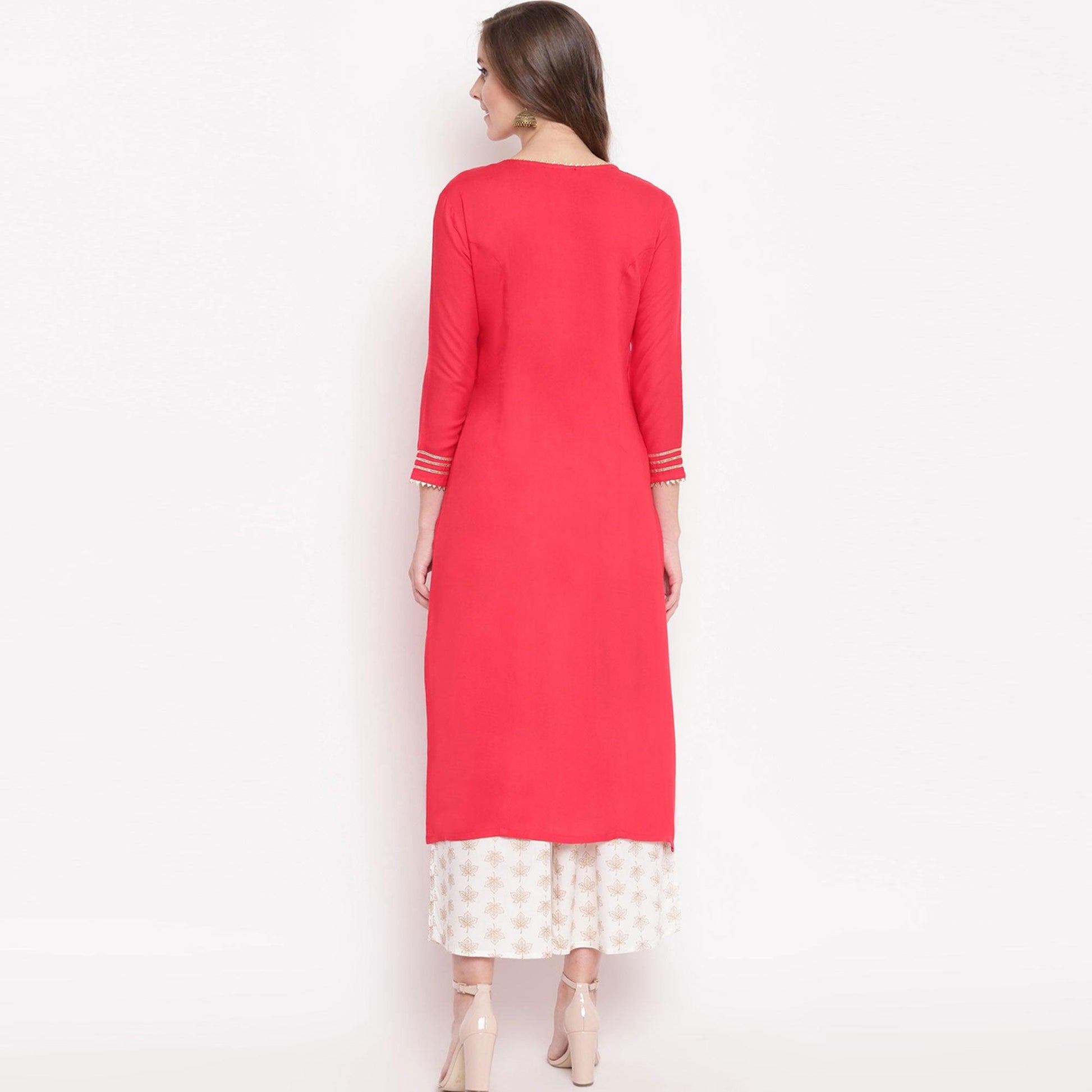 Majesty Pink-White Colored Casual Wear Rayon Kurti-Palazzo Set