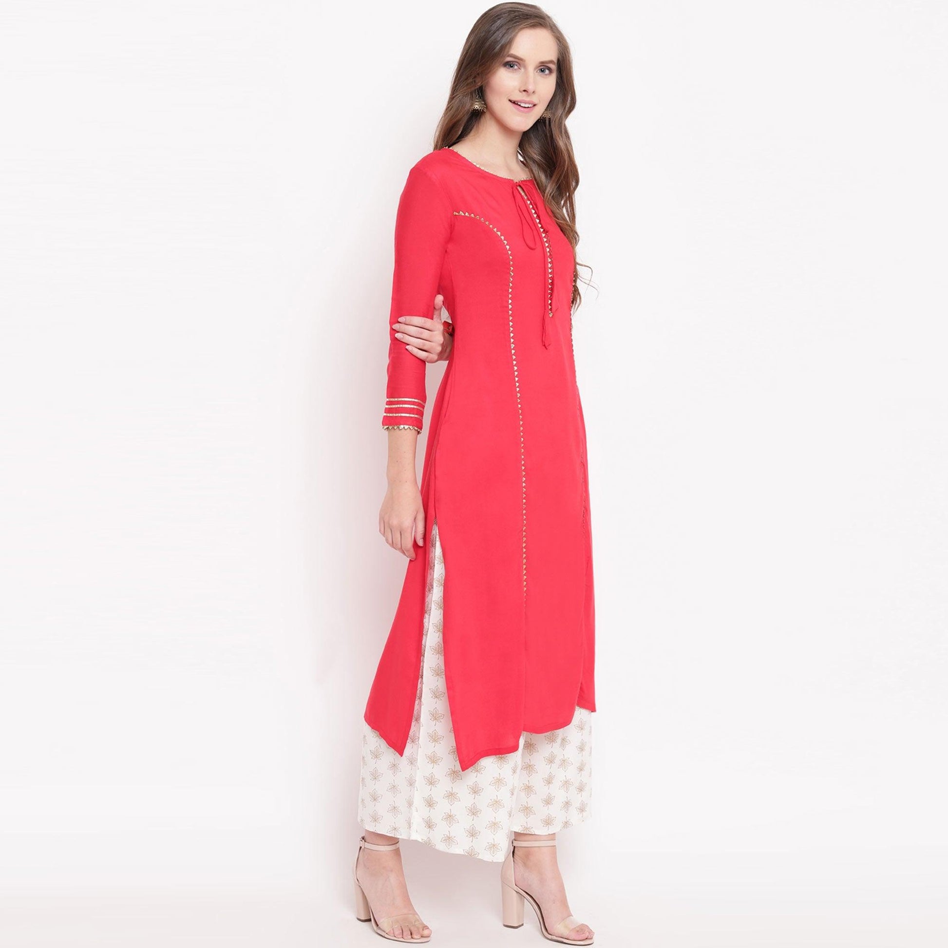 Majesty Pink-White Colored Casual Wear Rayon Kurti-Palazzo Set