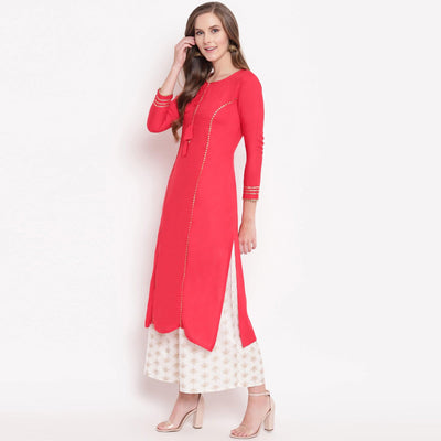 Majesty Pink-White Colored Casual Wear Rayon Kurti-Palazzo Set