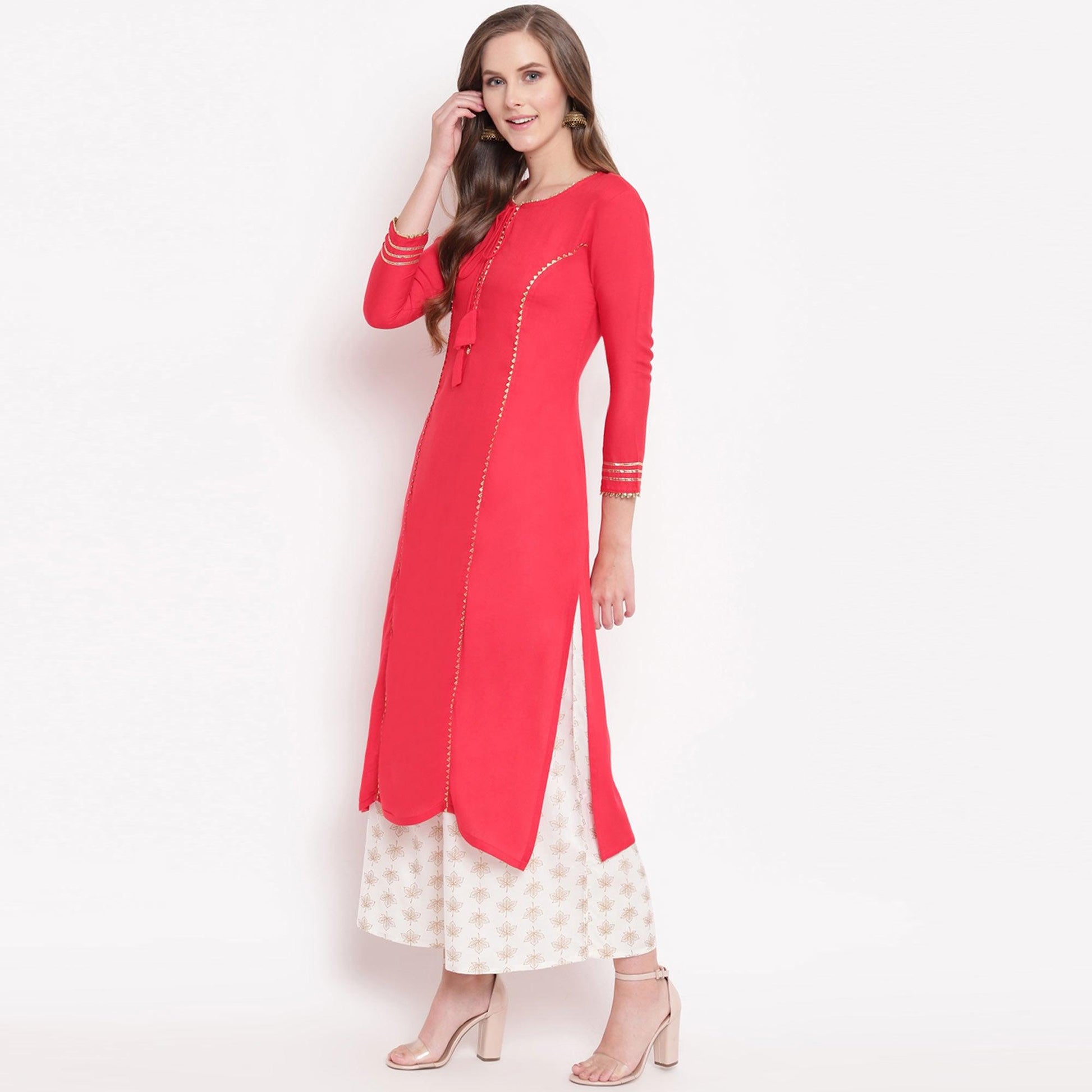 Majesty Pink-White Colored Casual Wear Rayon Kurti-Palazzo Set