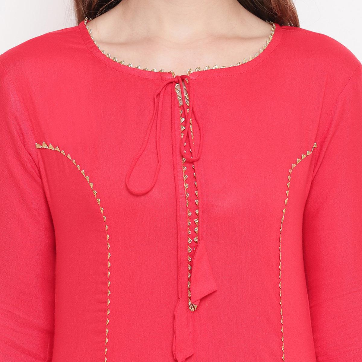 Majesty Pink-White Colored Casual Wear Rayon Kurti-Palazzo Set