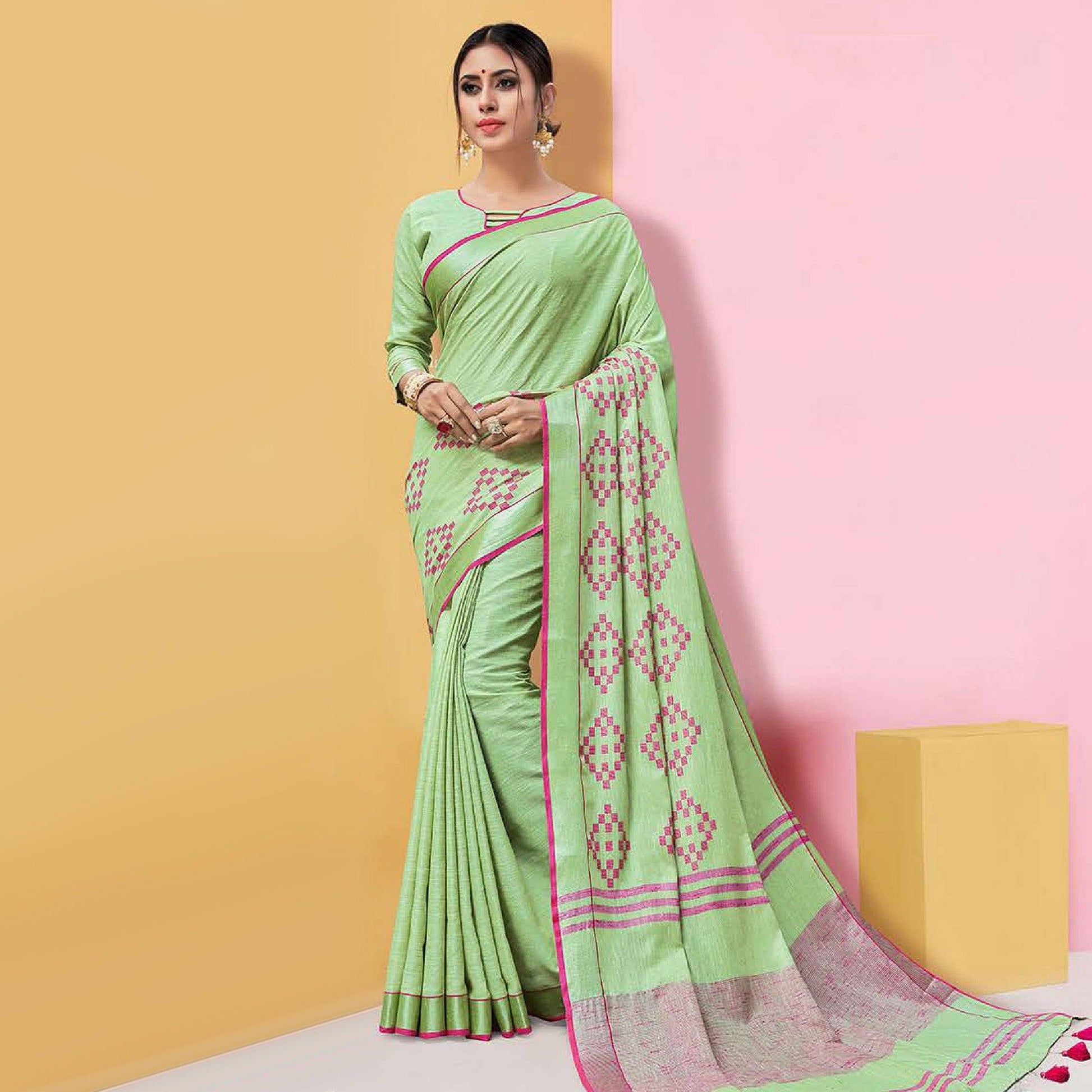 Majesty Pista Green Colored Partywear Printed Linen Cotton Saree