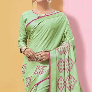 Majesty Pista Green Colored Partywear Printed Linen Cotton Saree